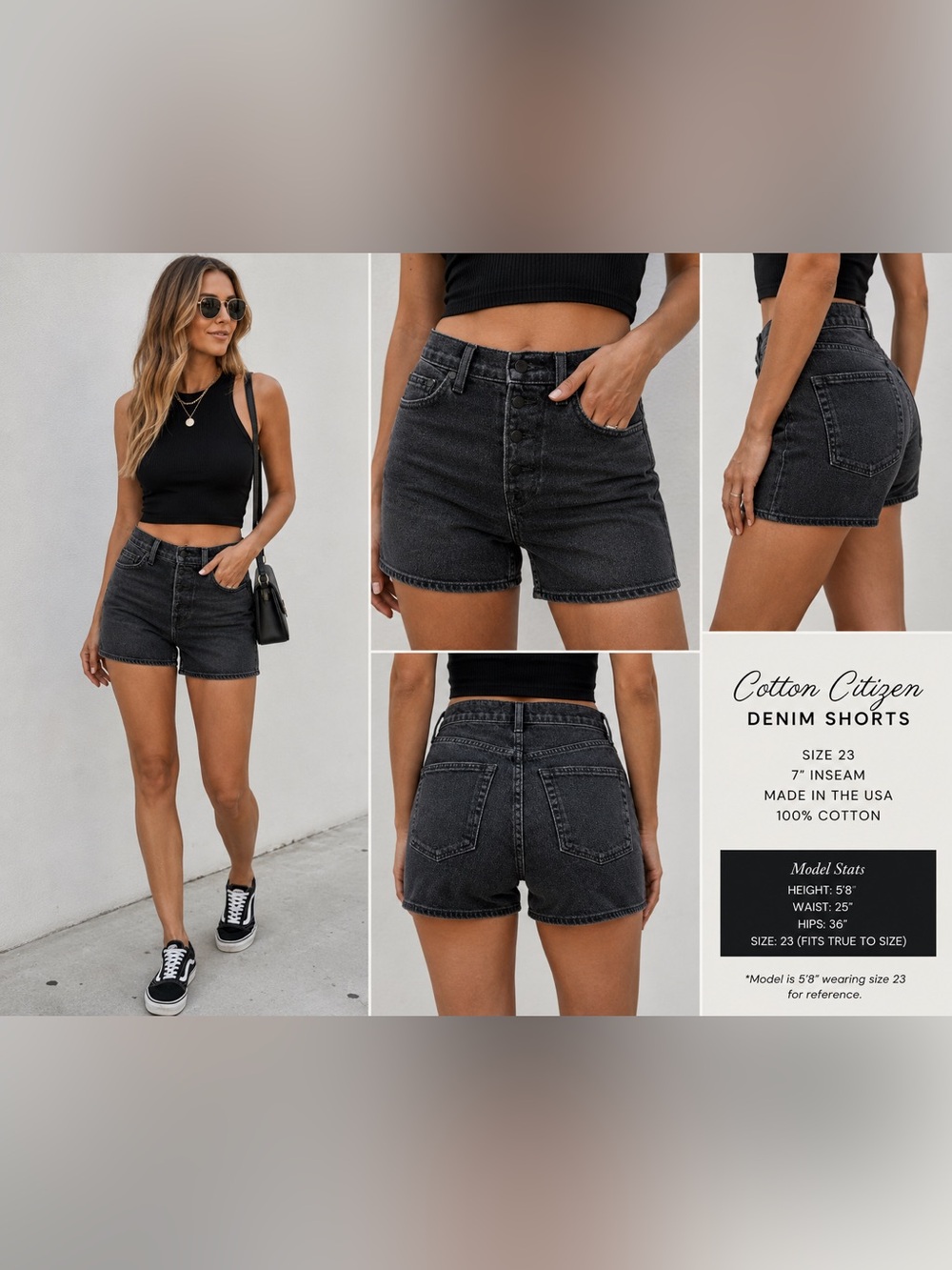 Cotton Citizen Women's Black Wash Denim Shorts Size 23 Button Fly Made USA